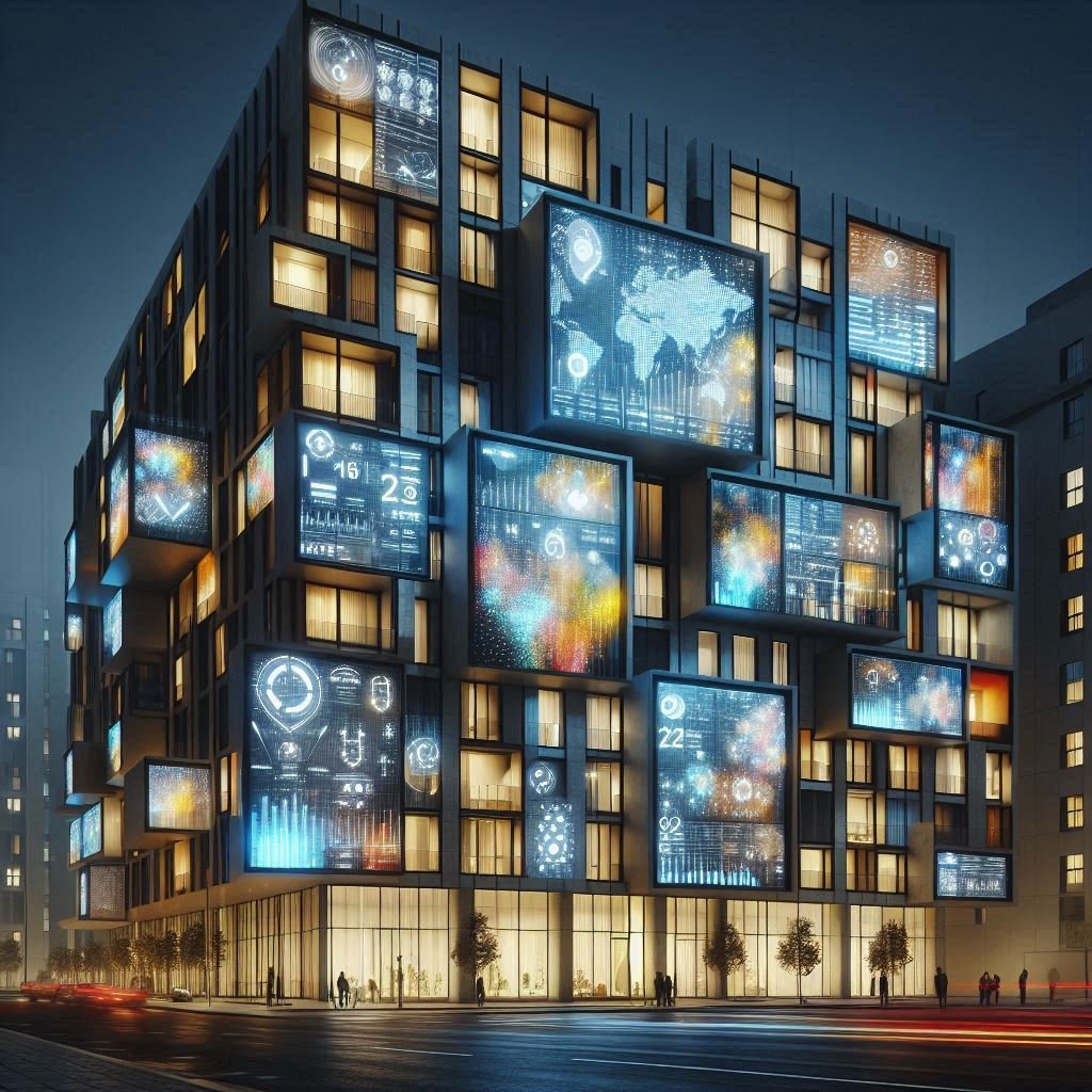 Render hiperrealista de una fachada digital de un edificio futurista. La fachada está iluminada y sobre ella hay distintas pantallas que ofrecen información meteorológica, la fecha y la hora, noticias de actualidad, etc.