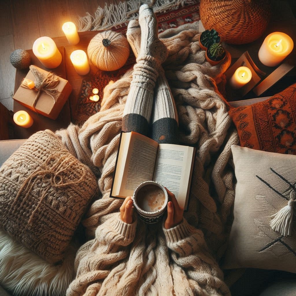 Plano cenital de las piernas de una chica sentada en el suelo, sobre una alfombra mullida y rodeada de cojines y velas; con un libro y una taza de una bebida caliente. Es una imagen con sensación muy acogedora