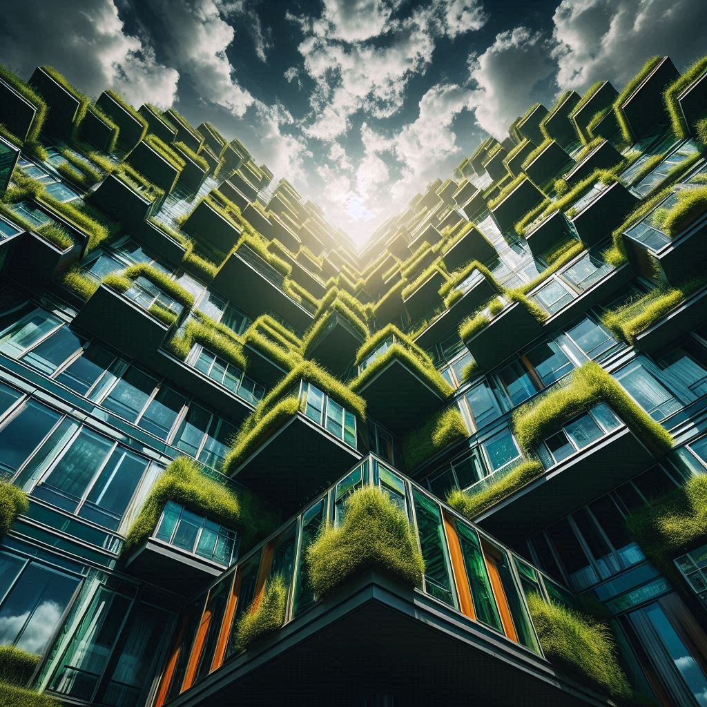 Vista desde abajo de un edificio inteligente cuya fachada está cbierta de jardines verticales