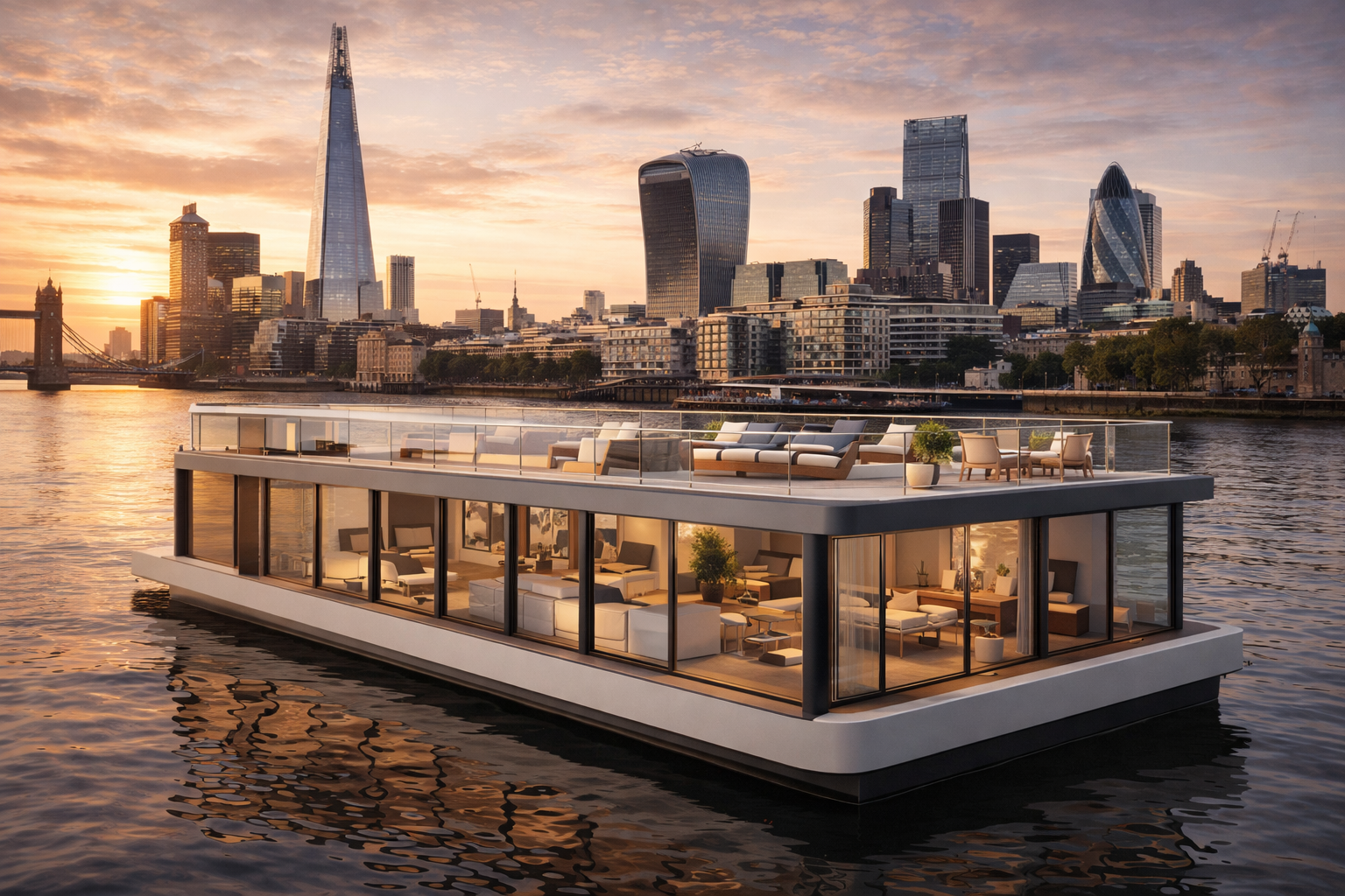 Houseboat ultramoderna de líneas rectas, con grandes ventanales desde el suelo al techo y una terraza en la cubierta con muebles de diseño. De fondo, el skyline contemporáneo de Londres.