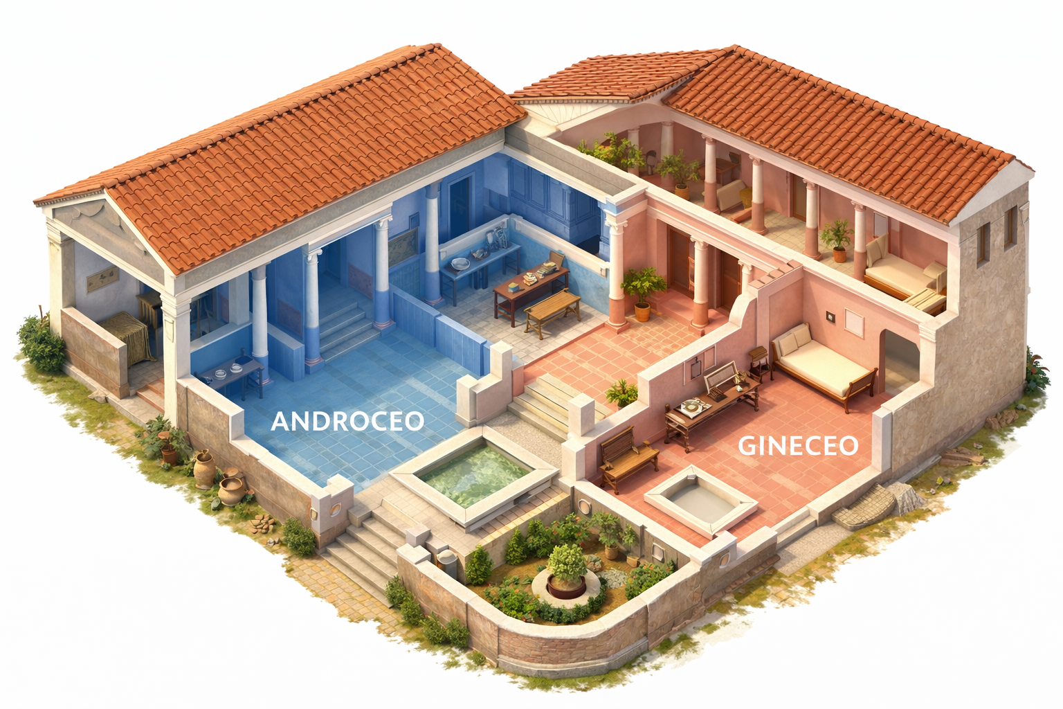 Infografía 3D de una domus romana en la que claramente se diferencia el espacio del hombre (androceo) del de la mujer (gineceo)