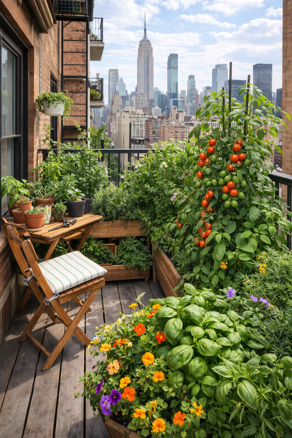 Balcón típico de Nueva York convertido en un huerto urbano exuberante, con plantas de tomate cargadas de frutos, hierbas aromáticas y flores comestibles, y el skyline de Manhattan al fondo bajo un cielo parcialmente nublado.
