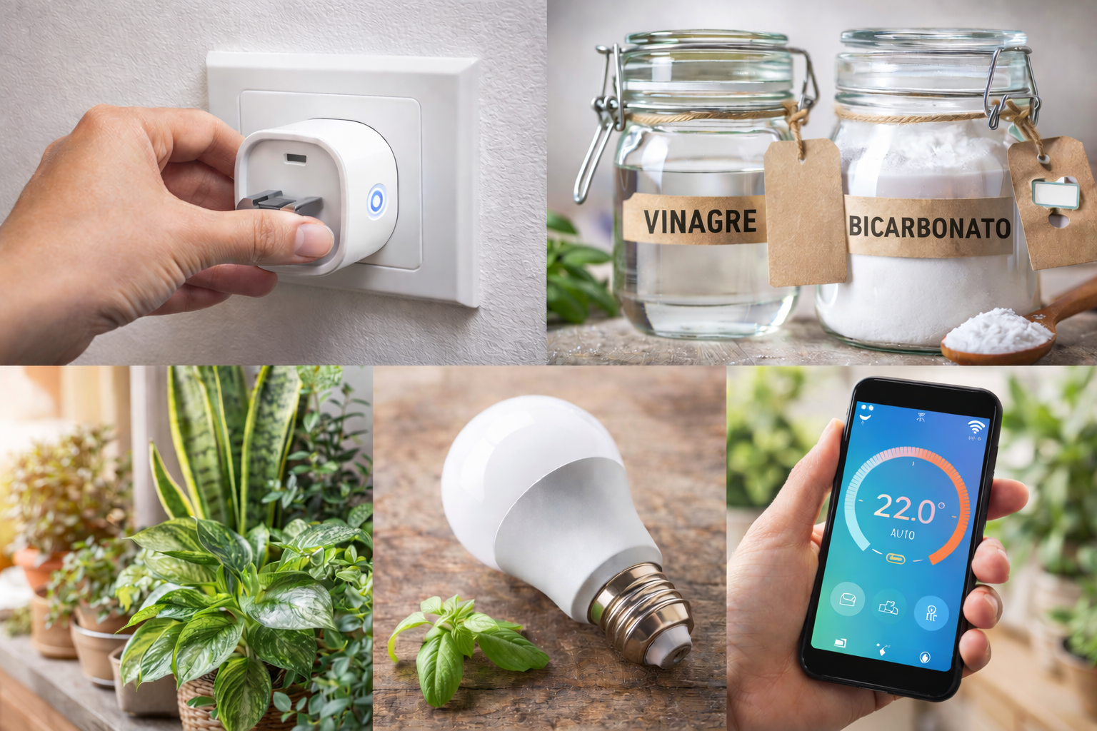 Un collage que muestra: una mano enchufando un enchufe inteligente, un frasco de vinagre y otro de bicarbonato, una bombilla LED, unas plantas de interior y un teléfono móvil mostrando una app de control de temperatura.