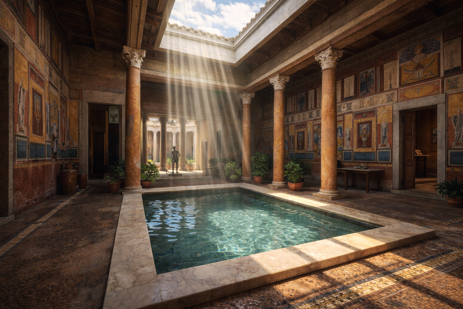 Reconstrucción en 3D de un atrio romano. El impluvium, en el centro, está lleno de agua; con el compluvium arriba, dejando entrar un haz de luz