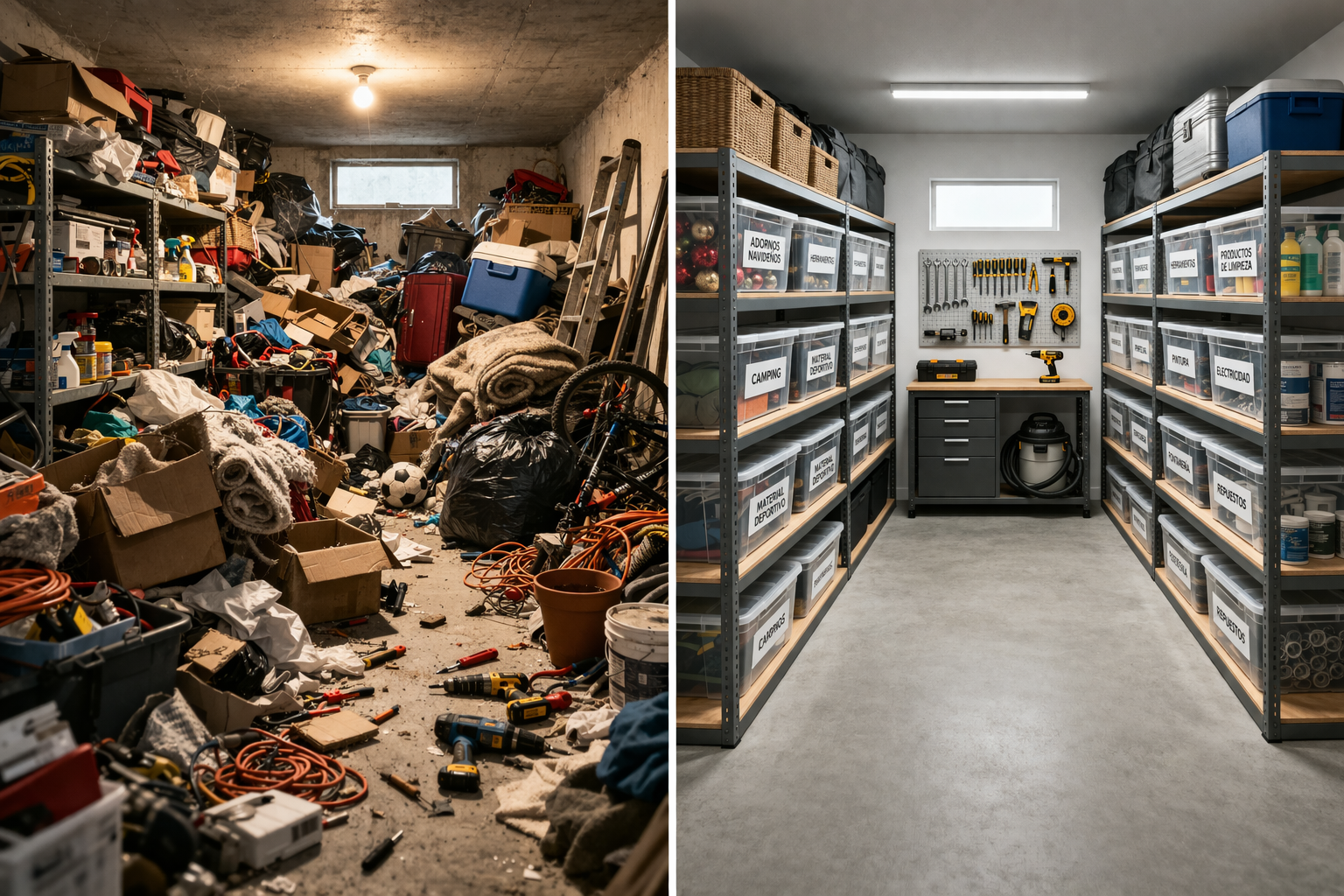 la mitad de la imagen muestra un trastero caótico y abarrotado; la otra mitad, el mismo espacio perfectamente organizado con estanterías y cajas transparentes etiquetadas.
