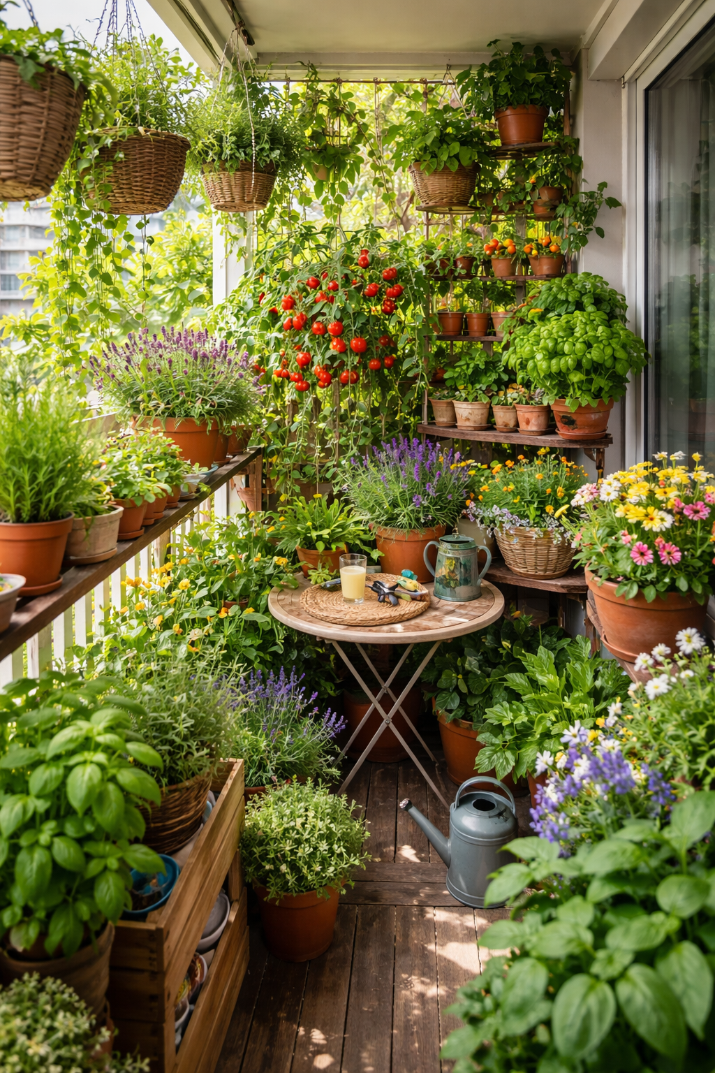 Un balcón pequeño, lleno de macetas a diferentes alturas, con hierbas aromáticas, tomates cherry y flores, creando una sensación de jungla urbana.