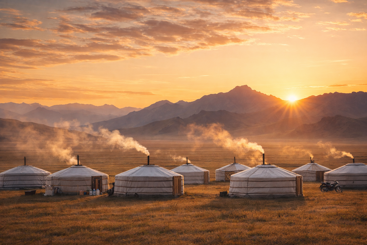 Una fotografía al atardecer de un campamento de gers en la estepa mongola, con las montañas de fondo y el humo saliendo de los toonos.