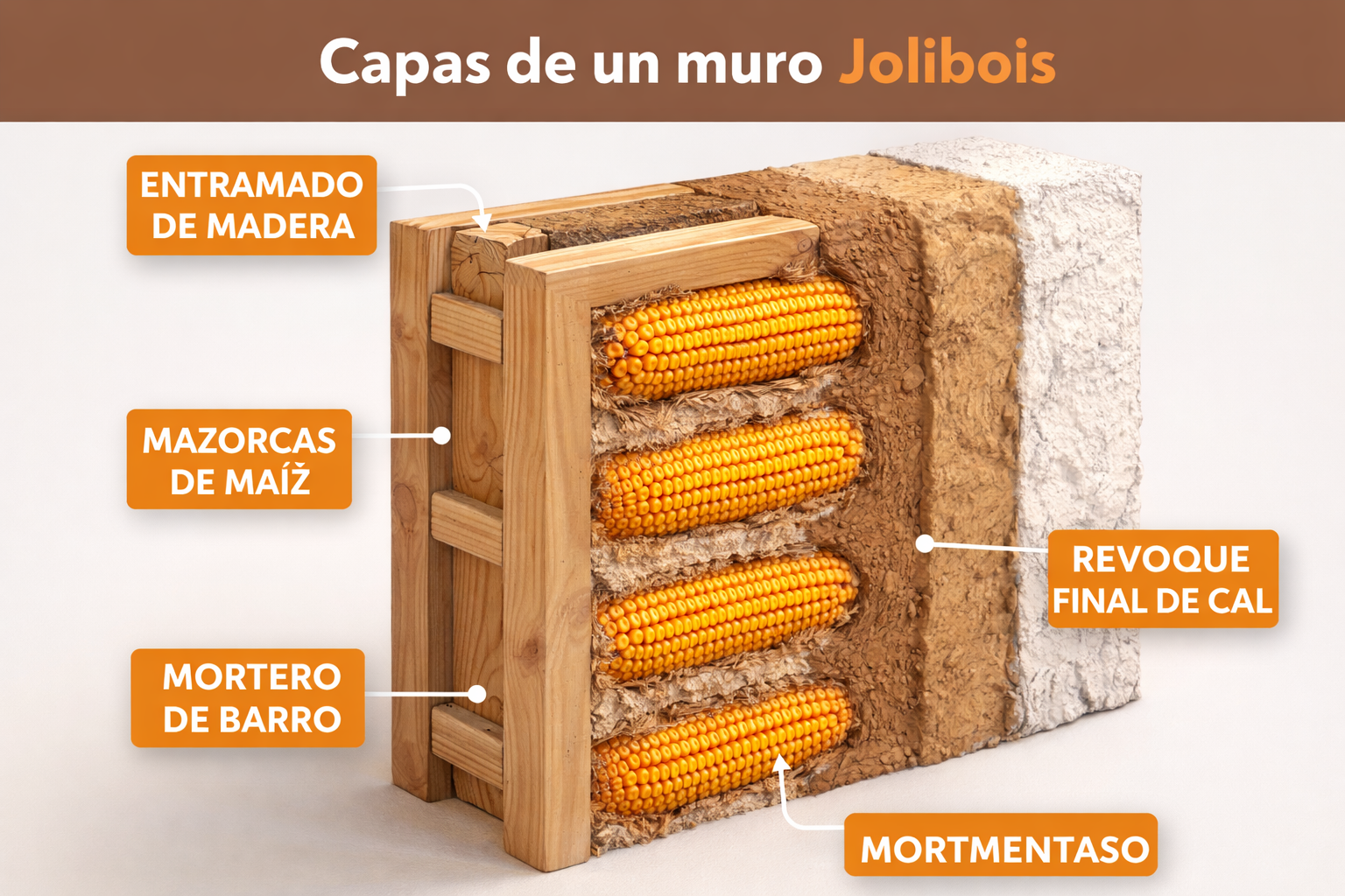 Infografía en la que se muestra, en sección, las diferentes capas de un muro Jolibois: el entramado de madera, la colocación de las mazorcas, el mortero de barro y el revoque final de cal.