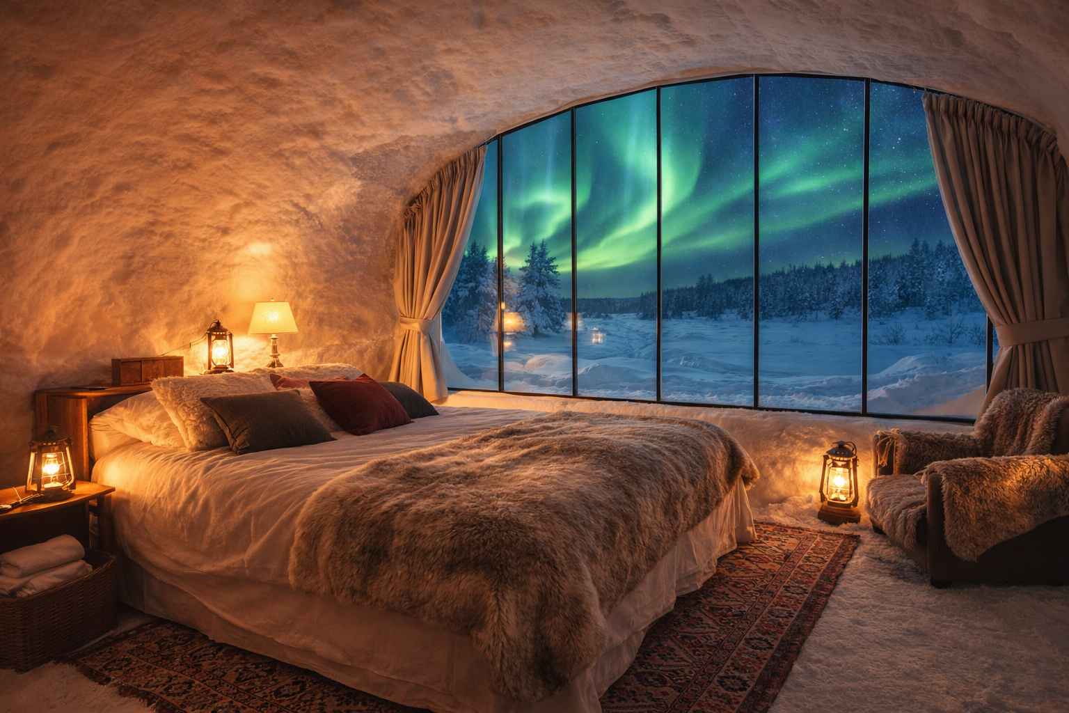 Interior acogedor de un iglú de glamping, con cama matrimonial, alfombras y un techo abovedado, junto a un gran ventanal con vistas a un paisaje nevado bajo la aurora boreal.