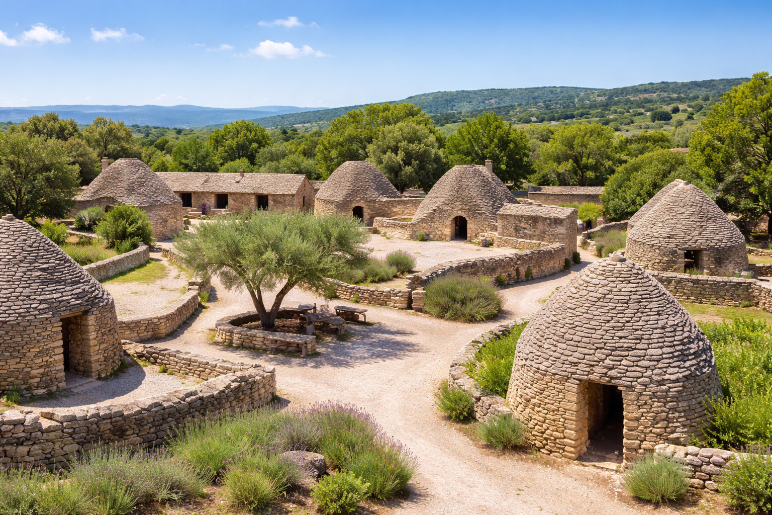 Vista panorámica del Village des Bories en Gordes, mostrando el conjunto de construcciones de piedra seca integradas en el paisaje provenzal.