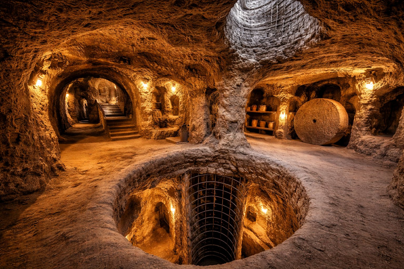 Foto del interior de Derinkuyu o Kaymaklı, mostrando los túneles, habitaciones y el impresionante sistema de ventilación de estas ciudades subterráneas.
