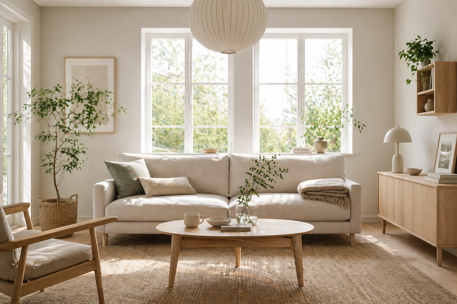 Un interior nórdico que ejemplifica perfectamente el Lagom: una sala luminosa con muebles de líneas simples, pocos pero significativos objetos decorativos, plantas y una manta de lino doblada en el sofá. Todo en tonos neutros y con sensación de espacio y calma.