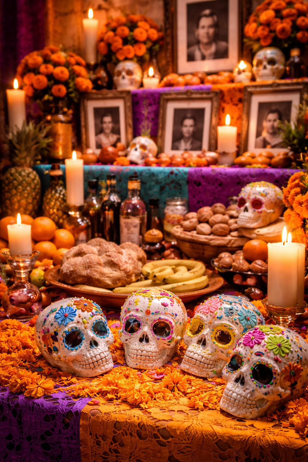 Un altar de muertos tradicional mexicano en toda su plenitud, mostrando los múltiples niveles llenos de flores de cempasúchil, velas, calaveritas de azúcar, pan de muerto y fotografías. Los manteles de tela imitan el papel troquelado.