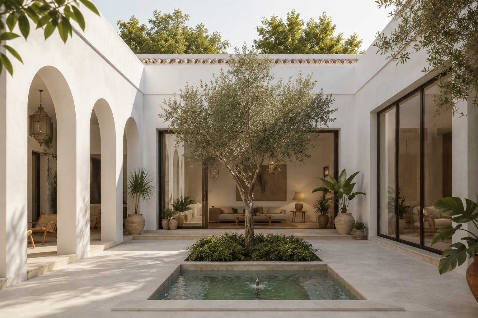 Ejemplo contemporáneo de una casa que aplica los principios andalusíes, con diseño minimalista pero manteniendo la esencia del patio central.
