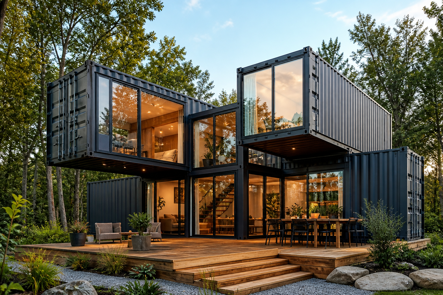 Una casa moderna construida con múltiples contenedores apilados en ángulos dinámicos, con grandes ventanales y un porche de madera, integrada en un entorno natural.