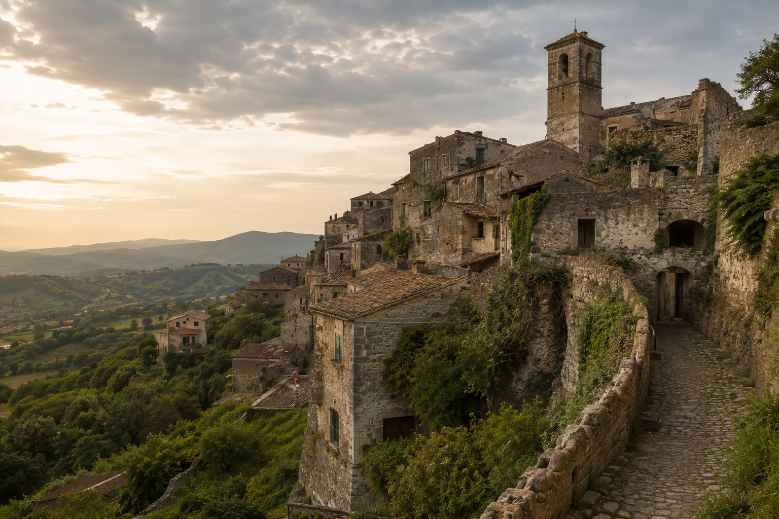 Panorámica de un pueblo medieval italiano situado sobre una colina, con casas de piedra, vegetación alrededor y una atmósfera entre decadente y evocadora (IA)