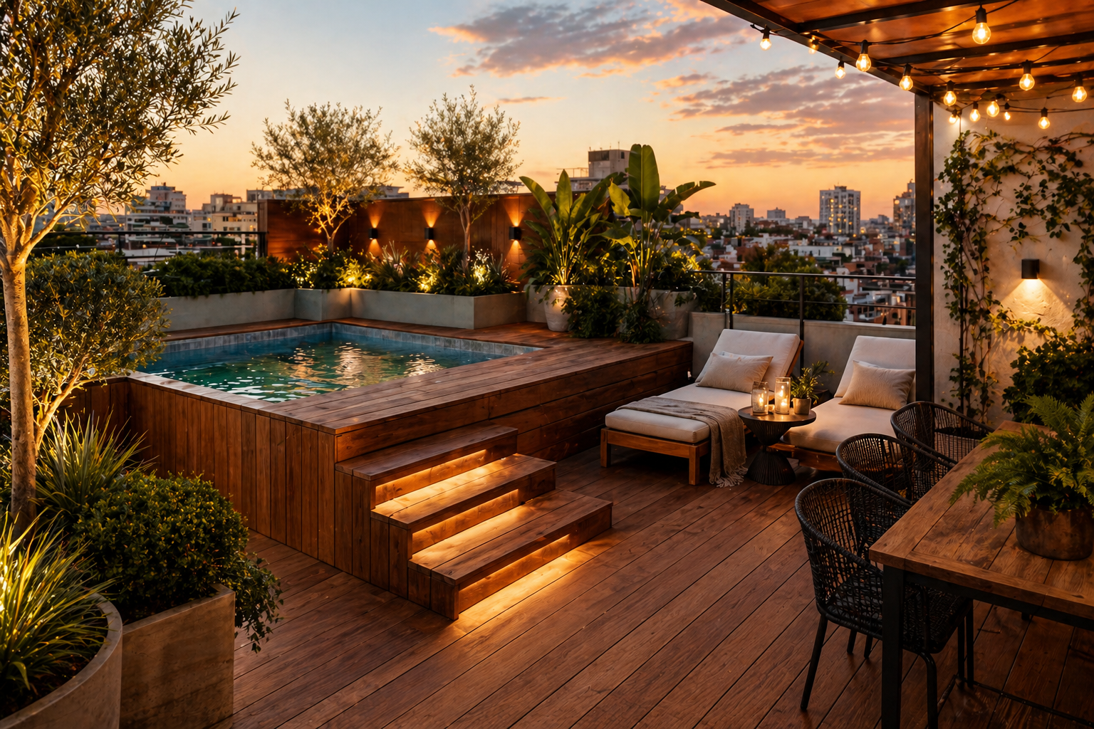 Una terraza urbana moderna con una piscina elevada de madera, tumbonas y plantas; todo iluminado con luces cálidas al atardecer.