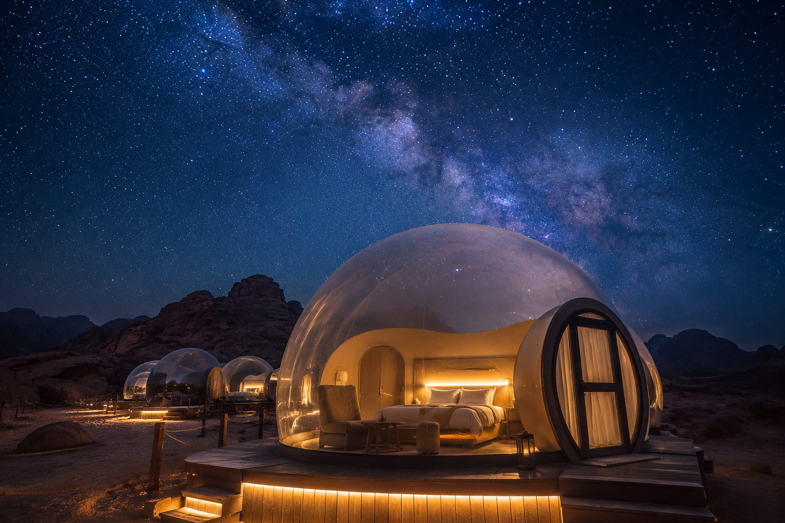 Fotografía de las habitaciones tipo burbuja bajo el cielo estrellado del desierto