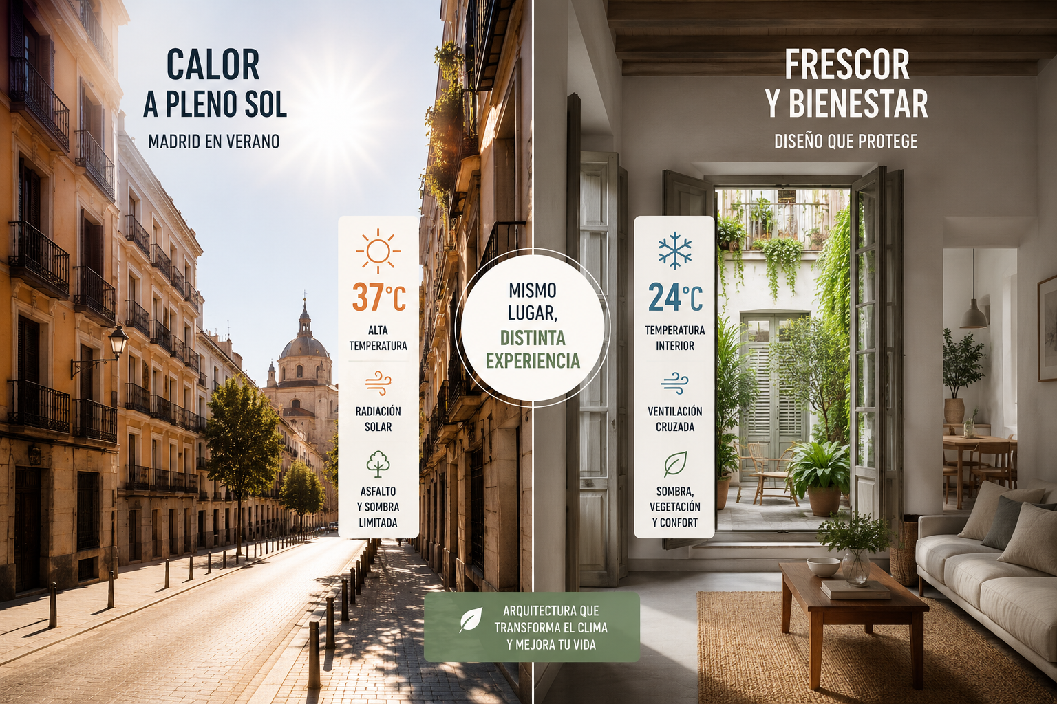 Composición muy visual que contrasta una calle madrileña a pleno sol con un interior fresco, sombreado y agradable. (IA)