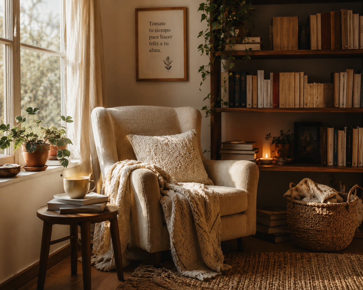 Rincón de lectura acogedor con butaca, libros, manta y luz natural en un ambiente cálido y relajante (IA).