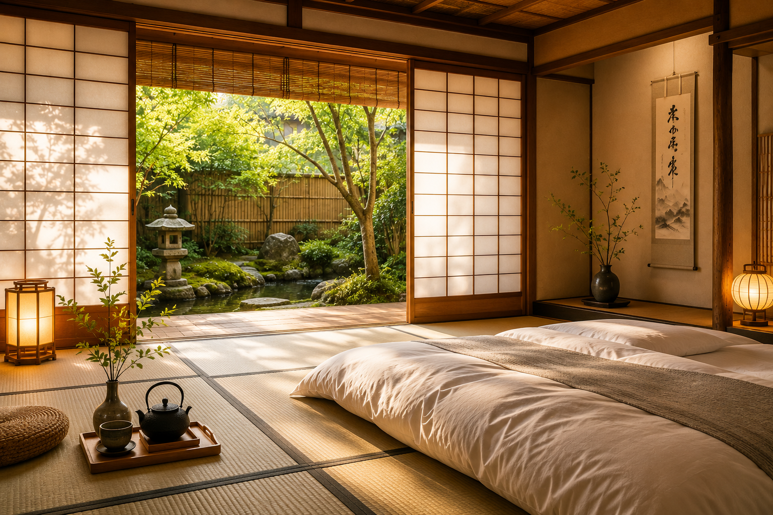 Habitación tradicional de ryokan con tatami, puertas shoji, futón preparado y vistas a un pequeño jardín japonés (IA)