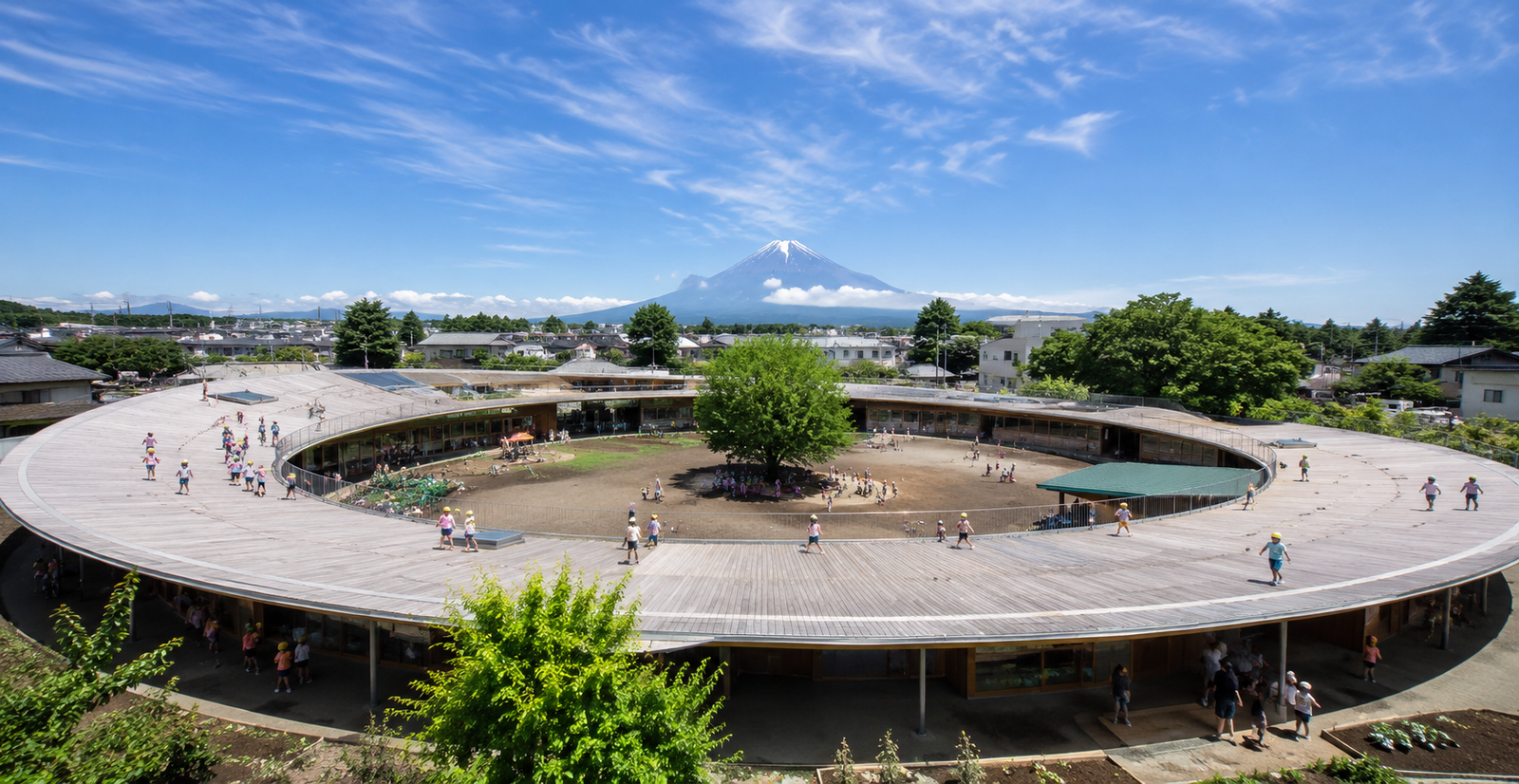 Fotografía panorámica del Fuji Kindergarten, mostrando su característica cubierta ovalada como espacio de juego y movimiento (IA)