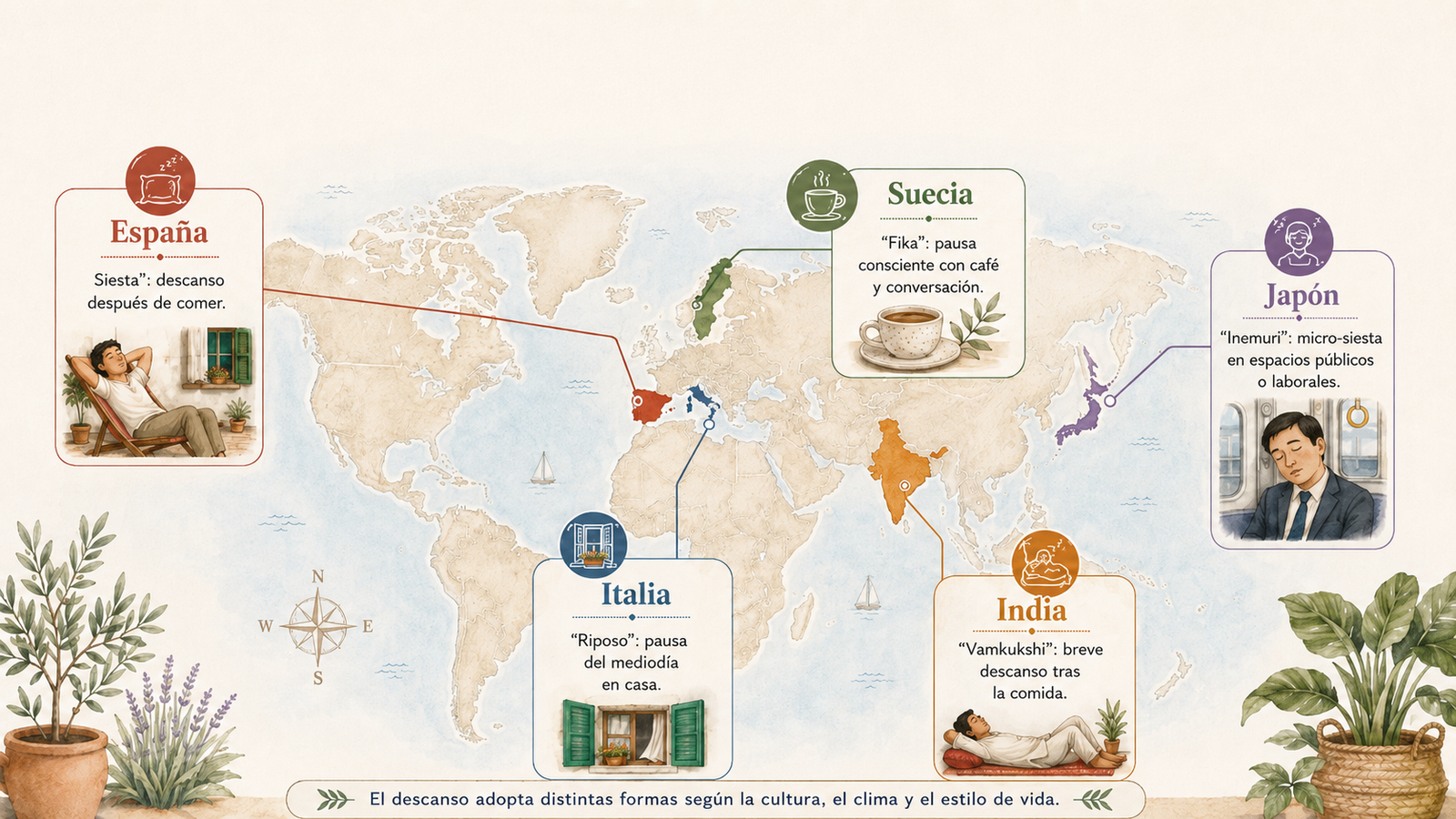 Mapa ilustrado del mundo con distintas tradiciones de descanso diurno: la siesta en España, el riposo en Italia, la fika en Suecia, el inemuri en Japón y el vamkukshi en India, acompañadas de pequeñas escenas de descanso y símbolos culturales (IA)