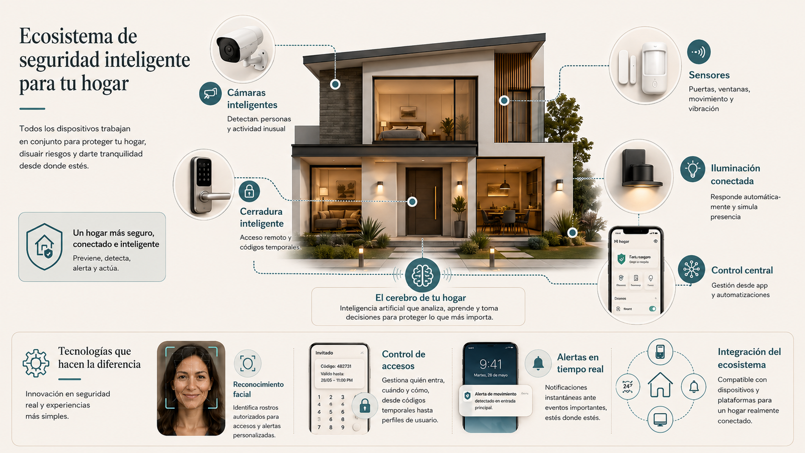 Infografía de seguridad doméstica con cámaras, cerradura inteligente, sensores, luces, reconocimiento facial y control desde el móvil (IA)