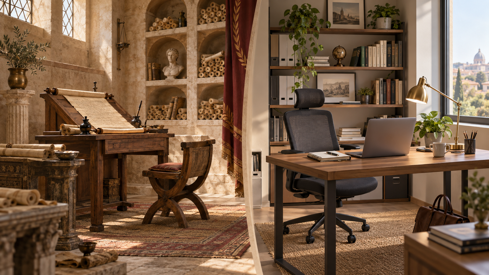 Comparativa entre un scriptorium antiguo y un home office moderno (IA)