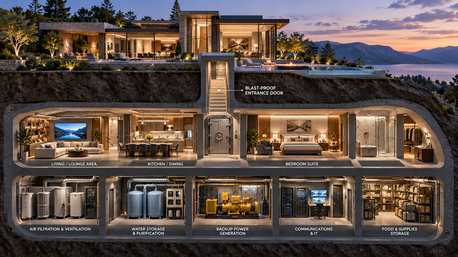 Sección arquitectónica de una villa de lujo con búnker subterráneo, puerta blindada, zona de estar, dormitorio, cocina, sistemas de filtrado de aire, almacenamiento de agua, energía de respaldo y comunicaciones (IA)