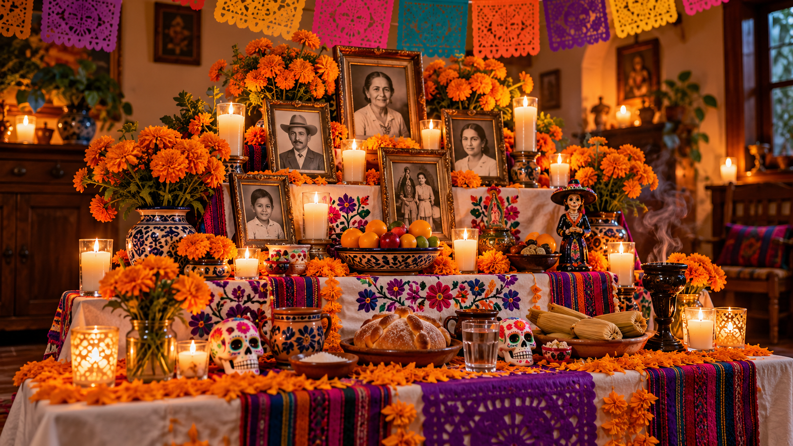 un altar tradicional mexicano con fotografías familiares, flores de cempasúchil, velas y papel picado